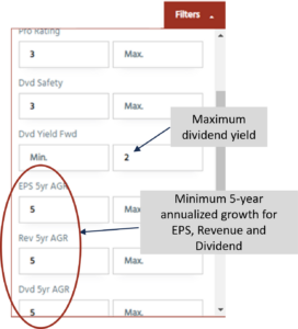 Screen shot of some of the DSR stock screener filters used to find low yield high growth stocks